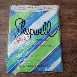 Vintage Sleepwell Percale 2 Standard Pillowcases Striped MCM Green Blue